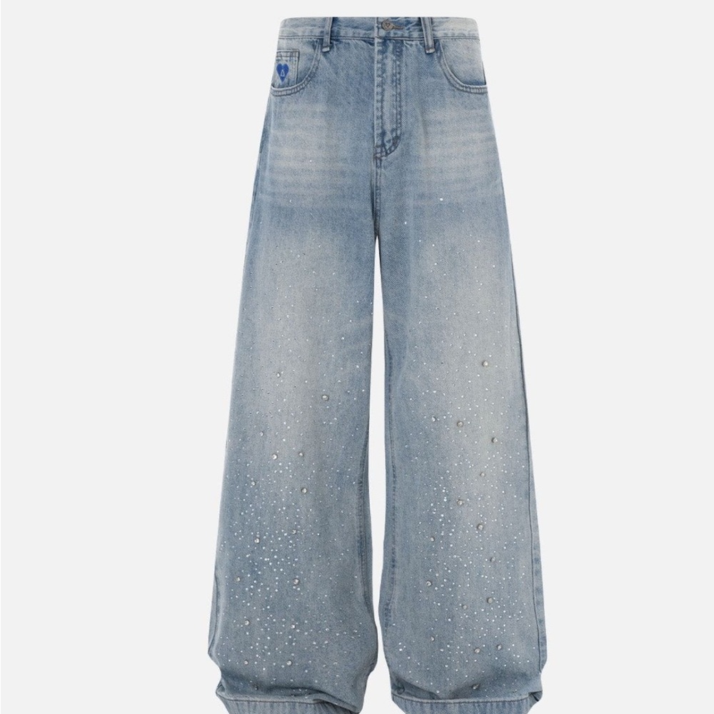 Aelfric Eden Rhinestone Baggy Jeans Size 28 NWT Wide Leg Y2K Streetwear Denim